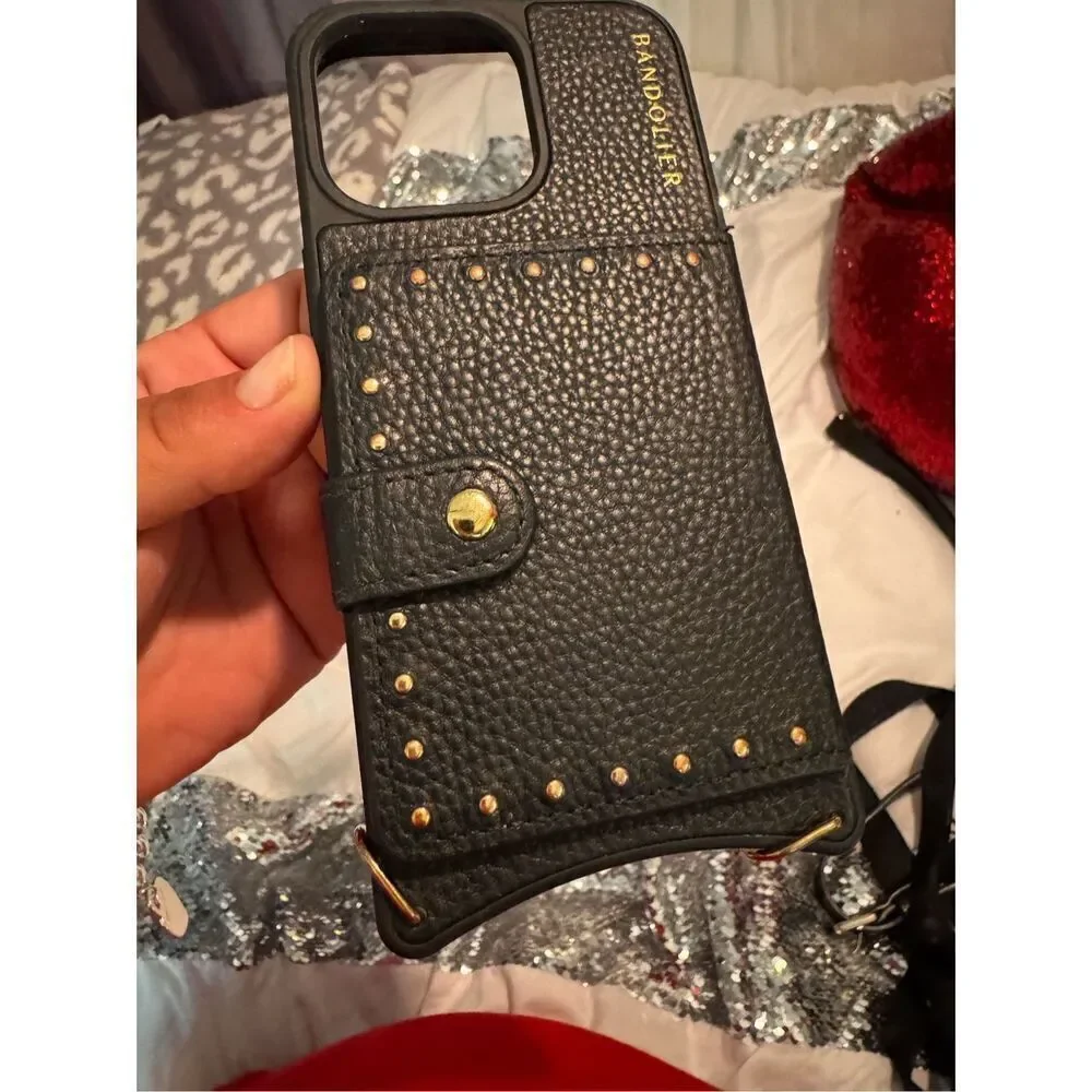 Bandolier annie black leather studded crossbody MagSafe wallet case + chain stra